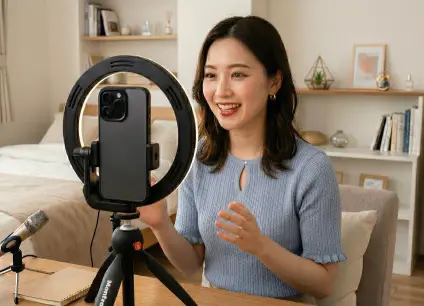 ライブ配信に必要な機材テストを行う女性。マイクやカメラを使用し、事務所スタッフと配信準備を進めている。