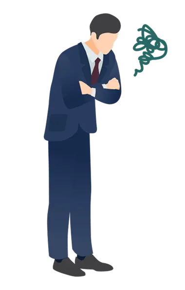 スーツ姿で腕を組み困っている人物のイラスト